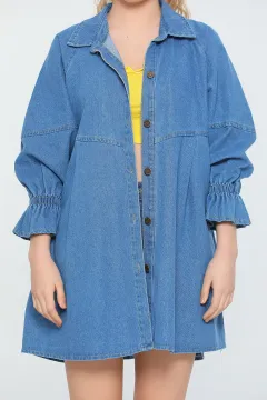 Kadın Oversize Pileli Kolu Lastikli Uzun Jean Ceket Mavi