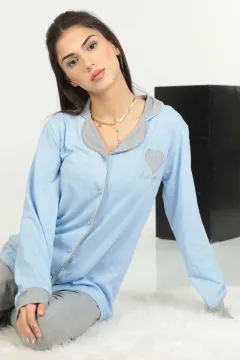 Kadın Ribanalı Pijama Takımı Mavi
