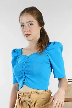 Kadın Triko Balon Kol Düğme Detaylı Crop Bluz Mavi