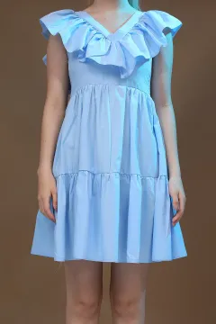 Kadın V Yaka Fırfır Detaylı Eteği Katlı Mini Elbise Mavi