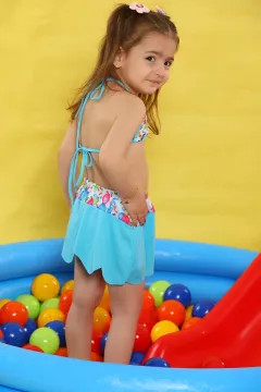 Kız Çocuk Üçgen Kesim Baskılı Etekli Bikini Takım Mavi