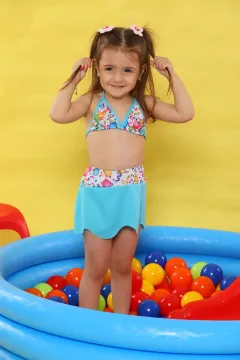 Kız Çocuk Üçgen Kesim Baskılı Etekli Bikini Takım Mavi