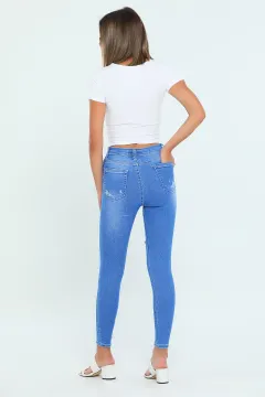 Kadın Lazer Yırtıklı Dar Paça Jeans Pantolon Mavi