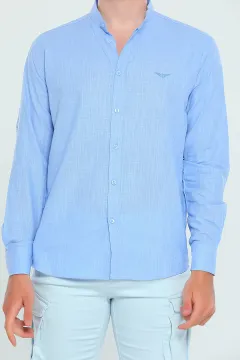 Erkek Nakışlı Uzun Kollu Keten Basic Gömlek Mavi