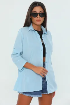 Kadın Slim Fit Basic Gömlek Mavi