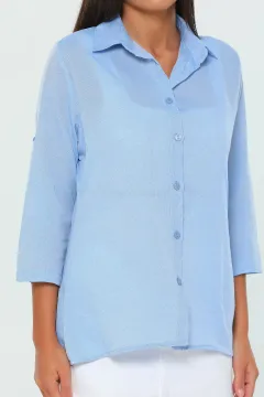 Kadın Slim Fit Kısa Basic Gömlek Mavi
