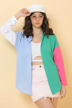 Kadın Oversize Renk Bloklu Poplin Gömlek Maviyeşil