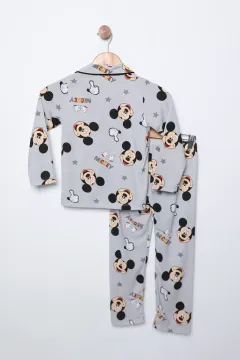 Mickey Mouse Baskılı Kız Çocuk Ön Düğme Detaylı Pijama Takımı Gri