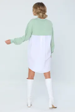 Kadın Oversize Bisiklet Yaka Gömlek Detaylı Sweatshirt Mint