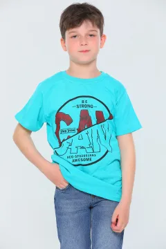 Erkek Çocuk Likralı Bisiklet Yaka Baskılı T-shirt Mint