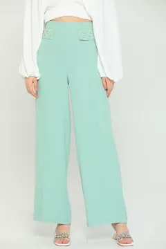 Kadın Ekstra Yüksek Bel İncili Bol Paça Çimalı Pantolon Mint