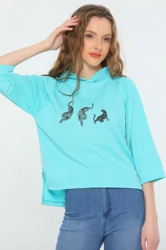 Kadın Kapüşonlu Kapri Kol Mevsimlik Spor Sweatshirt Mint