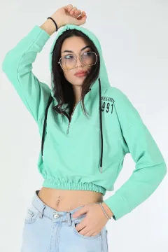 Kadın Kapüşonlu Önü Fermuar Detaylı Sweatshirt Mint