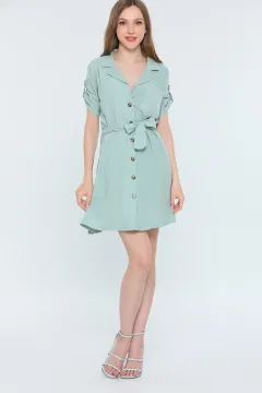 Kadın Kruvaze Yaka Kısa Kollu Salaş Mini Elbise Mint