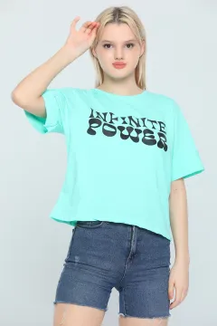 Kadın Likralı Bisiklet Yaka Duble Kol Baskılı T-shirt Mint