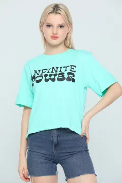 Kadın Likralı Bisiklet Yaka Duble Kol Baskılı T-shirt Mint
