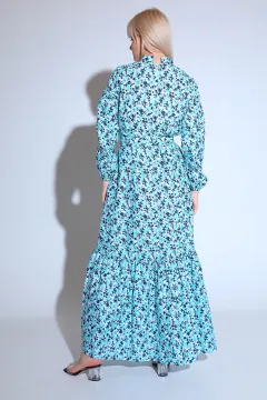 Kadın Modest Eteği Katlı Kol Lastikli Desenli Yazlık Tesettür Elbise Mint