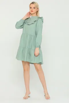 Kadın Ön Arka Fırfırlı Eteği Katlı Salaş Mini Elbise Mint