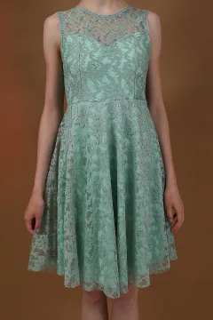Kadın Sıfır Kol İç Astarlı Dantel Kloş Mini Abiye Elbise Mint