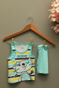 Kız Bebek Bisiklet Yaka Baskılı Sıfır Kol T-shirt Şort İkili Takım Mint
