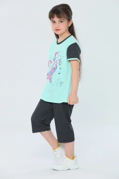 Kız Çocuk Bisiklet Yaka Baskılı T-shirt Kapri İkili Takım Mint