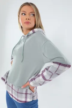 Kadın Şaordonlu Kapüşonlu Ekose Dataylı Sweatshirt Mint
