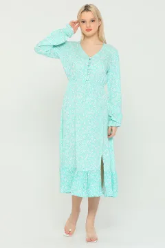 Yaka Düğmeli Eteği Yırtmaçlı Çiçek Desenli Kadın Elbise Mint