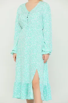 Yaka Düğmeli Eteği Yırtmaçlı Çiçek Desenli Kadın Elbise Mint