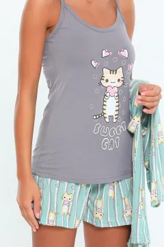 Sweet Cat Baskılı Kadın 4lü Pijama Takımı MintFüme