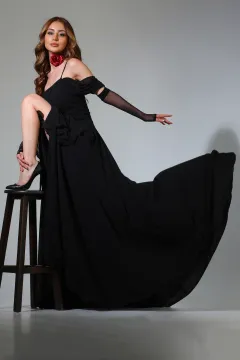 Mişhar İtalia Kadın İp Askılı Yırtmaç Detaylı Uzun Abiye Elbise Siyah