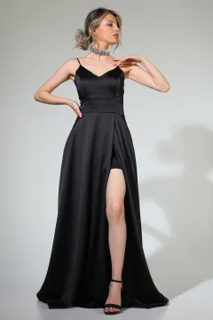 Mişhar İtalia Kadın İp Askılı Yırtmaç Detaylı Uzun Saten Abiye Elbise Siyah