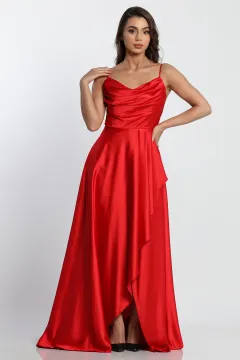 Mişhar İtalia Kadın İp Askılı Yırtmaç Detaylı Uzun Saten Abiye Elbise Kırmızı