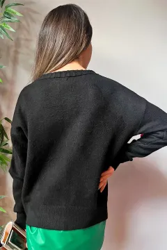 Modaya Uygun Çilek Nakışlı Düğmeli Ceket Hırka Siyah