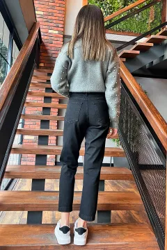 Modern Tasarım Bel Ve Paça Çıtçıt Detaylı Yüksek Bel Jean Kot Pantolon Siyah