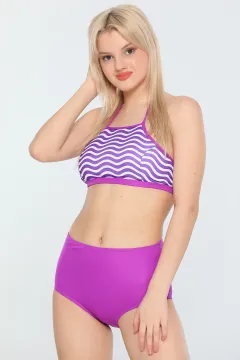 Kadın Likralı Yüksek Bel Halter Yaka Boyundan Bağlamalı Desenli Pedli Bikini Takım Mor