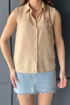 Nakış Detaylı Japone Kol Kadın Yazlık Gömlek Bej