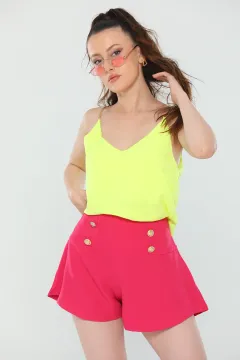 Kadın V Yaka Zincir Askılı Bluz Neon Sarı