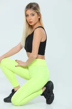 Kadın Likralı Yüksek Bel Toparlayıcı Parlak Disko Tayt Neon Sarı
