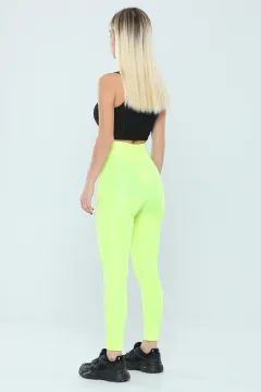Kadın Likralı Yüksek Bel Toparlayıcı Parlak Disko Tayt Neon Sarı