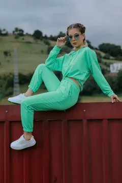 Kadın Likralı Kapüşonlu Yaka İpli Eşofman Takımı Neon Yeşil