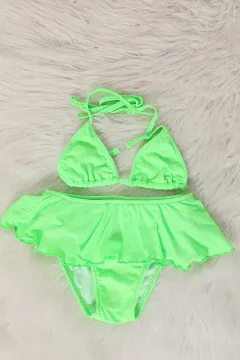 Kız Çocuk Üçgen Kesim Etek Görünümlü Bikini Takım Neon Yeşil