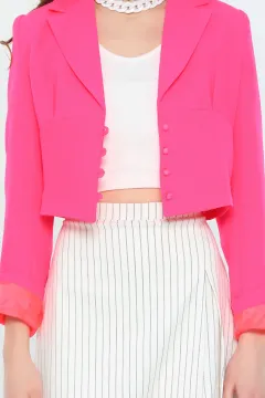 Kadın Kruvaze Yaka İç Astarlı Crop Blazer Ceket Neonpembe