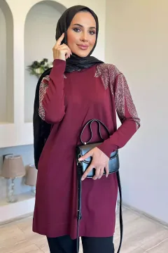 Omuz Taşlı Tesettür Triko Tunik Bordo