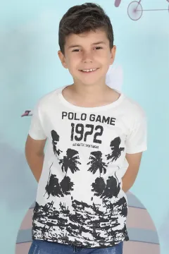 Erkek Çocuk Likralı Ön Baskılı T-shirt Ekru
