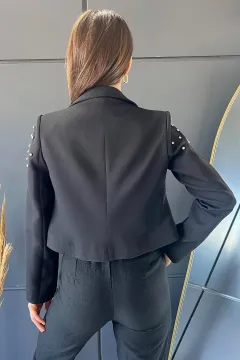 Ön Düğme Detaylı Taş İşlemeli Kadın Kısa Blazer Ceket Siyah