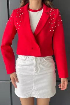 Ön Düğme Detaylı Taş İşlemeli Kadın Kısa Blazer Ceket Kırmızı