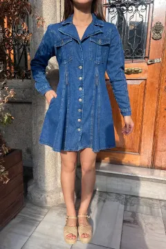 Ön Düğmeli Cepli Uzun Kol Jean Kot Elbise Lacivert