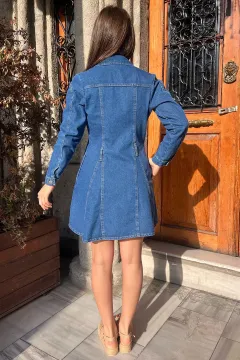 Ön Düğmeli Cepli Uzun Kol Jean Kot Elbise Lacivert
