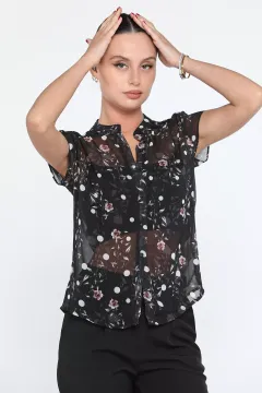 Ön Düğmeli Desenli Kadın Tül Gömlek Siyah