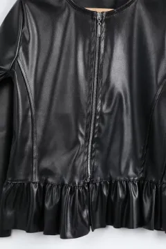 Ön Fermuarlı Fırfırlı Kız Çocuk Deri Ceket Siyah